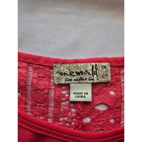 One‎ World 1X Coral Red Lace Overlay Flutter Sleeve Tank Top Blouse(2Piece) - Picture 2 of 3